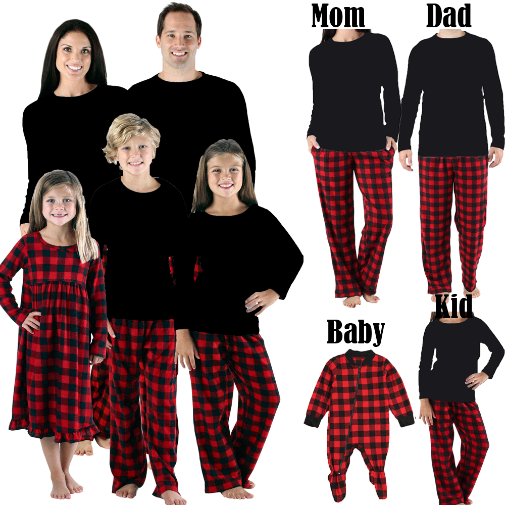 Семейный комплект рождественских пижам; Спортивный костюм для мужчин, женщин, детей и малышей; одежда для сна в красную клетку; хлопковые черные однотонные топы и штаны; повседневная одежда