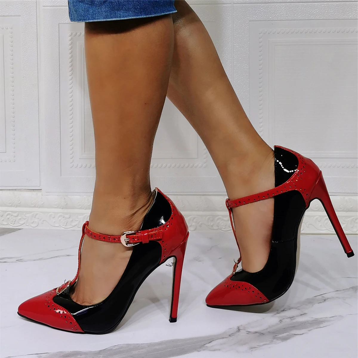 Kolnoo New Real Photos Womens High Heels Pumps Two-Tones T-strap Party Prom Dress Shoes Large Size 35-47 Fashion Court Shoes