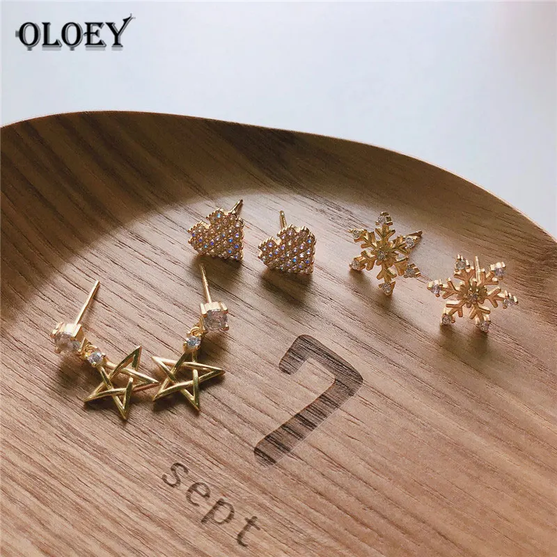 

OLOEY 100% Pure 925 Sterling Silver Stud Earrings for Girls Korea INS Snowflake Star Heart Earring Jewelry Christmas Gift YME537