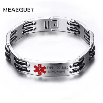 

Type 1 Diabetes Men's Chain Link ID Bracelet Custom Medical Alert Allergy Epilepsy Stainless Steel Personalized Jewelry
