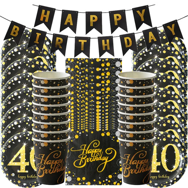 30th 40th 50th 60th Черное золото украшения Одноразовые Партии Посуда Набор «С Днем Рождения» Вечерние Декорации для взрослых юбилей Вечерние - Цвет: 49pcs Gold 40 set