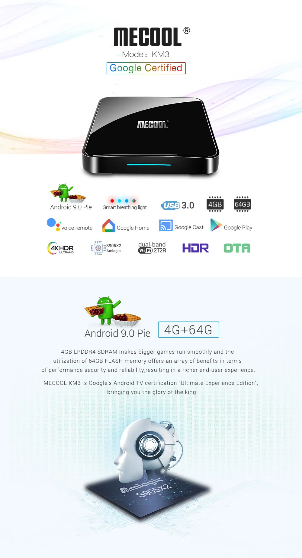Mecool KM3 Android Smart tv Box S905X2 4 Гб LPDDR4 64 ГБ Android 9,0 5G wifi BT4.0 Голосовое управление ТВ-приставка Google Сертифицированный