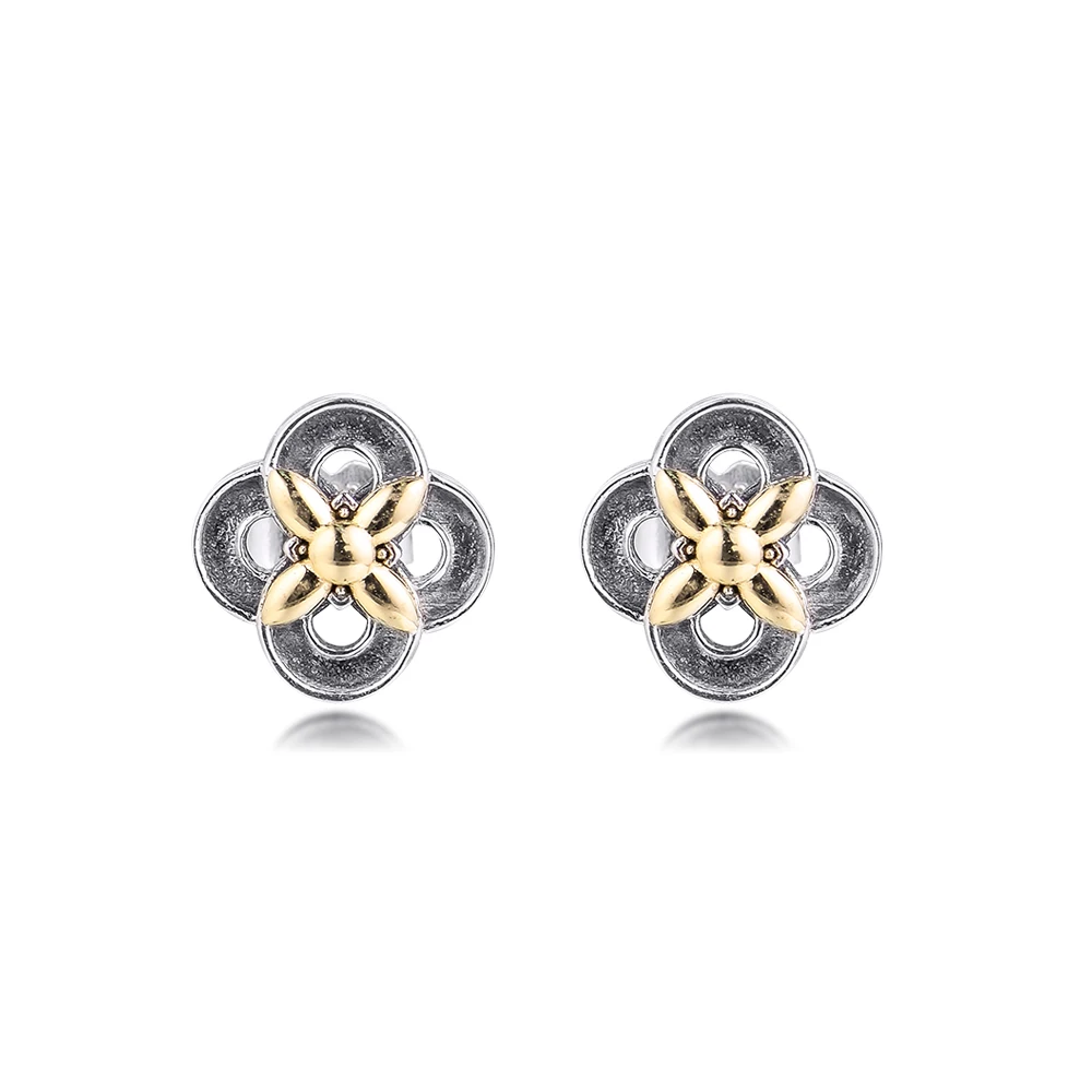 

925 and 14k Gold Stud Earrings for Women Two-tone Flower Stud Earrings Sterling Silver Jewelry Brincos Women Gift berloques