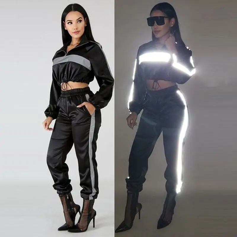 

Tracksuit for Women Reflective Turn-down Collar Buckle Drawstring Jackets Long Sleeve Cropped Coat 2 piece outfits for women