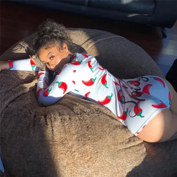 

Women Sexy V-Neck Long Sleeve Bodycon Bodysuit Leotard Top Casual Peach Chili Print Button Sleepwear Jumpsuit Shorts Romper