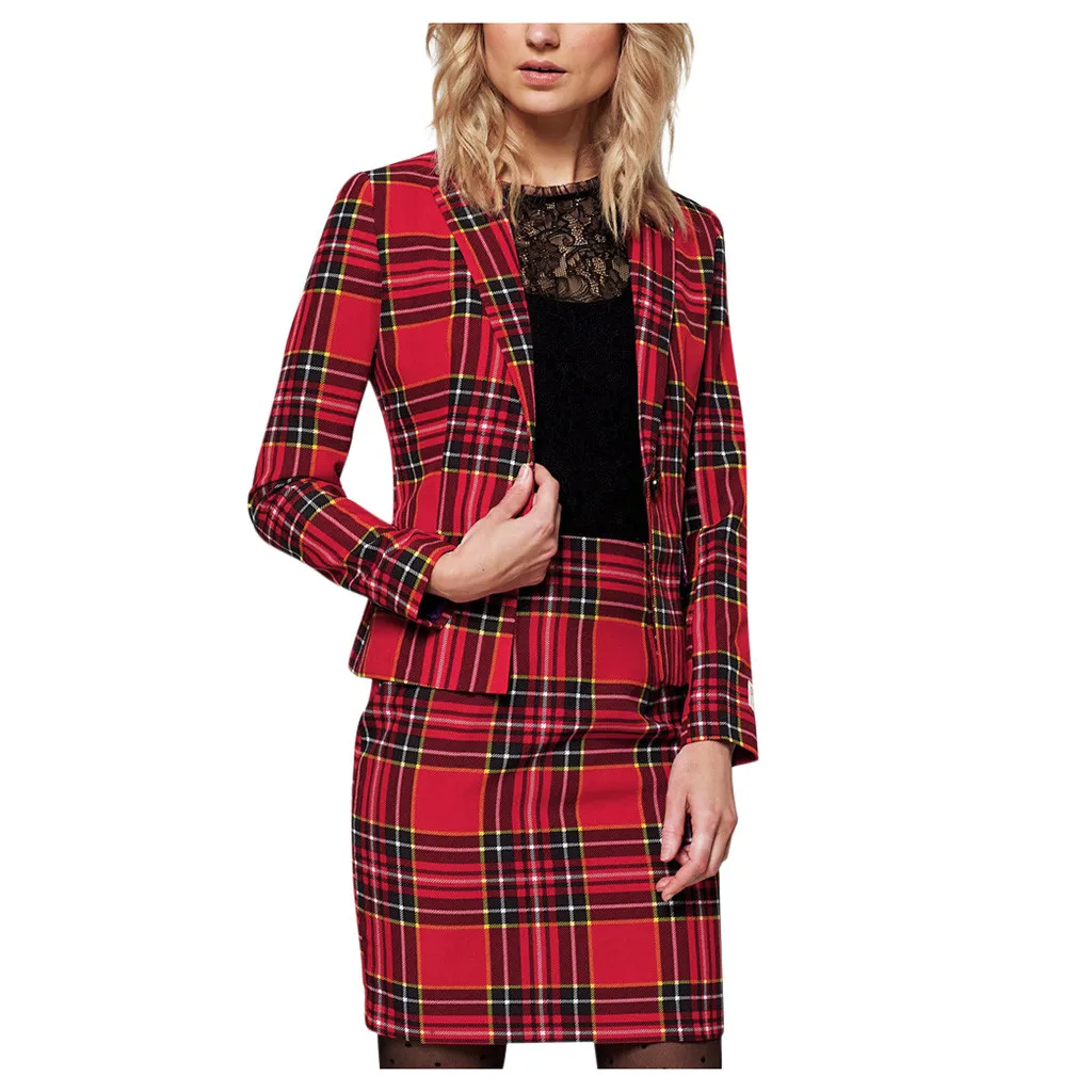Home& Nest осенне-весенний комплект из куртки и юбки с длинным рукавом, женская верхняя одежда, клетчатые твидовые юбки, костюм для женщин, комплекты из 2 предметов, офисные костюмы - Цвет: Red