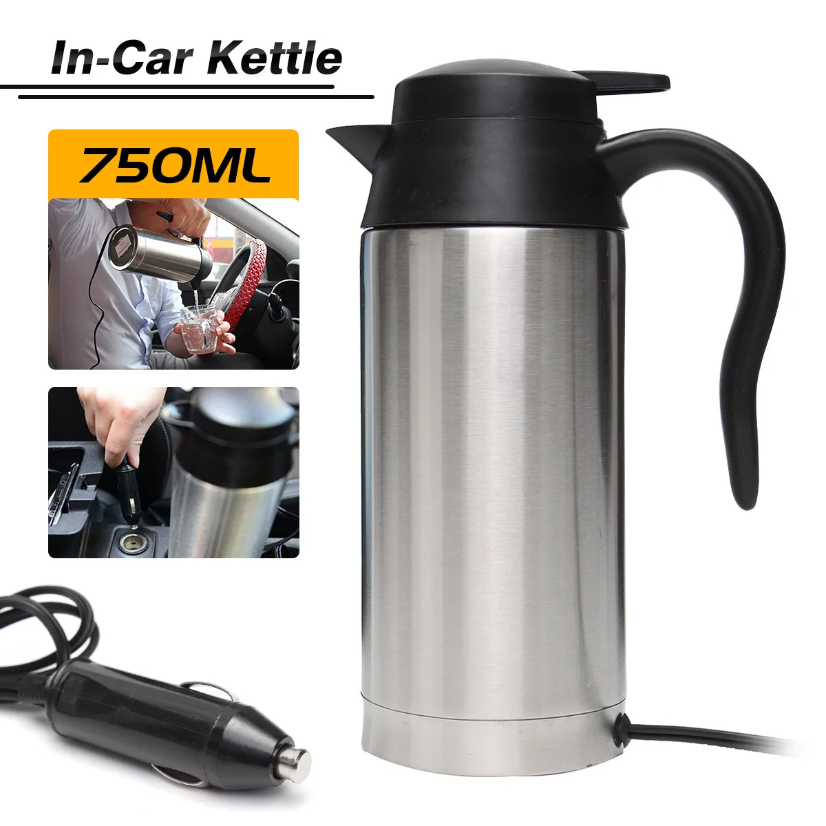 Stainless Steel 12v Electric Kettle 750ml Incar Travel Trip Coffee Tea