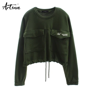 

Artsnie streetwear double pockets crop sweatshirt women autumn o neck long sleeve oversized hoodies casual cropped sweatshirts