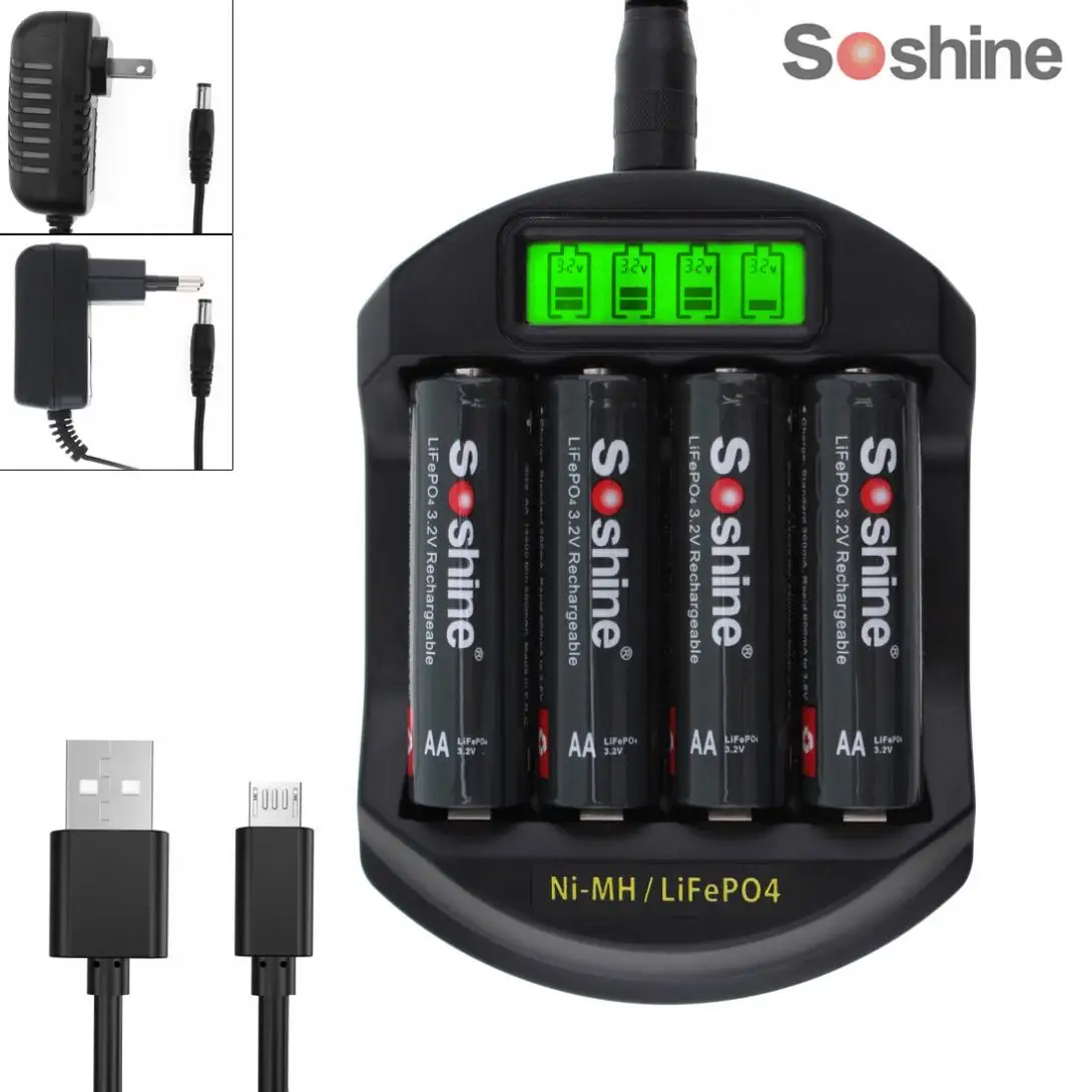 Интеллектуальное зарядное устройство Soshine LifePO4 Ni-MH для 4 слотов ЖК-дисплей 14500 14400 AA