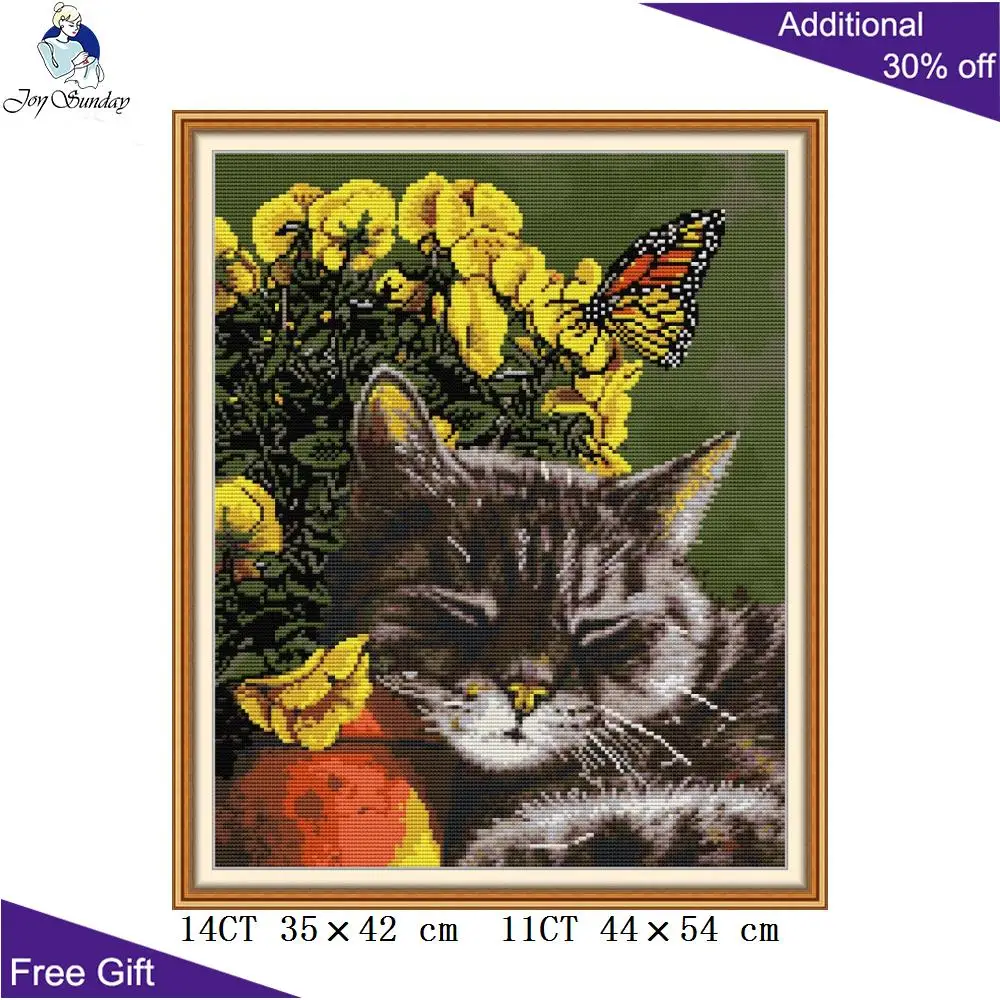 Joy Sunday кошка-сюрприз DA469 14CT 11CT подсчитанные и отпечатанные цветы Бабочка кошка