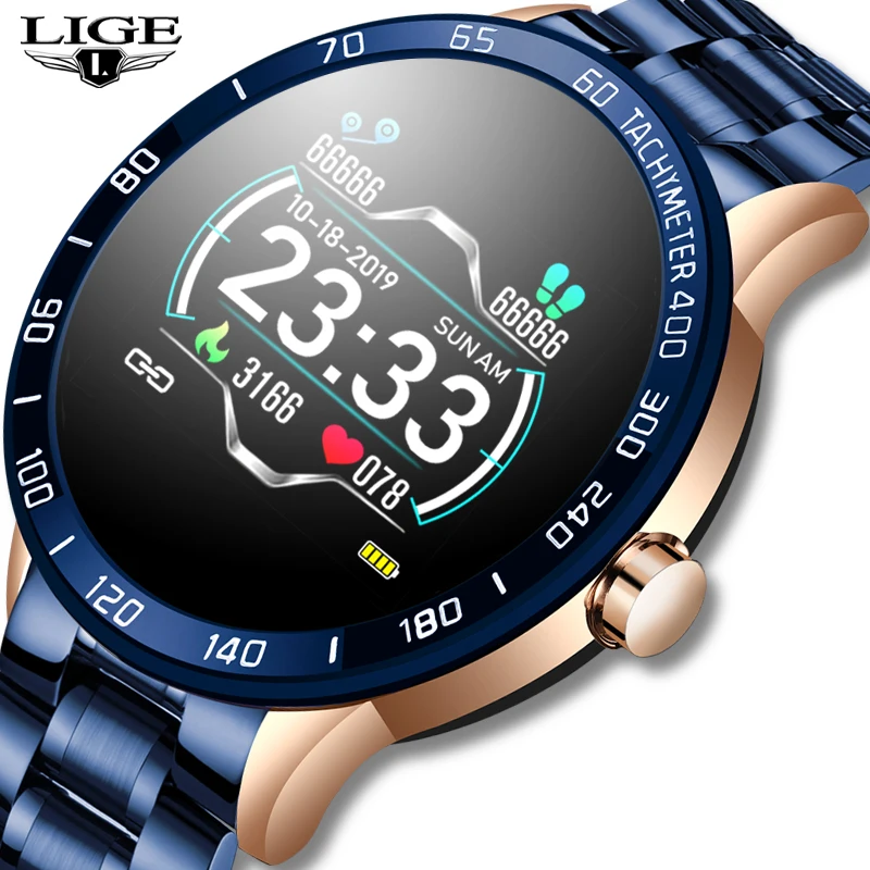 

LIGE Steel Band Smart Watch Men Heart Rate Blood Pressure Monitor Sport Multifunction Mode Fitness Tracker Waterproof Smartwatch