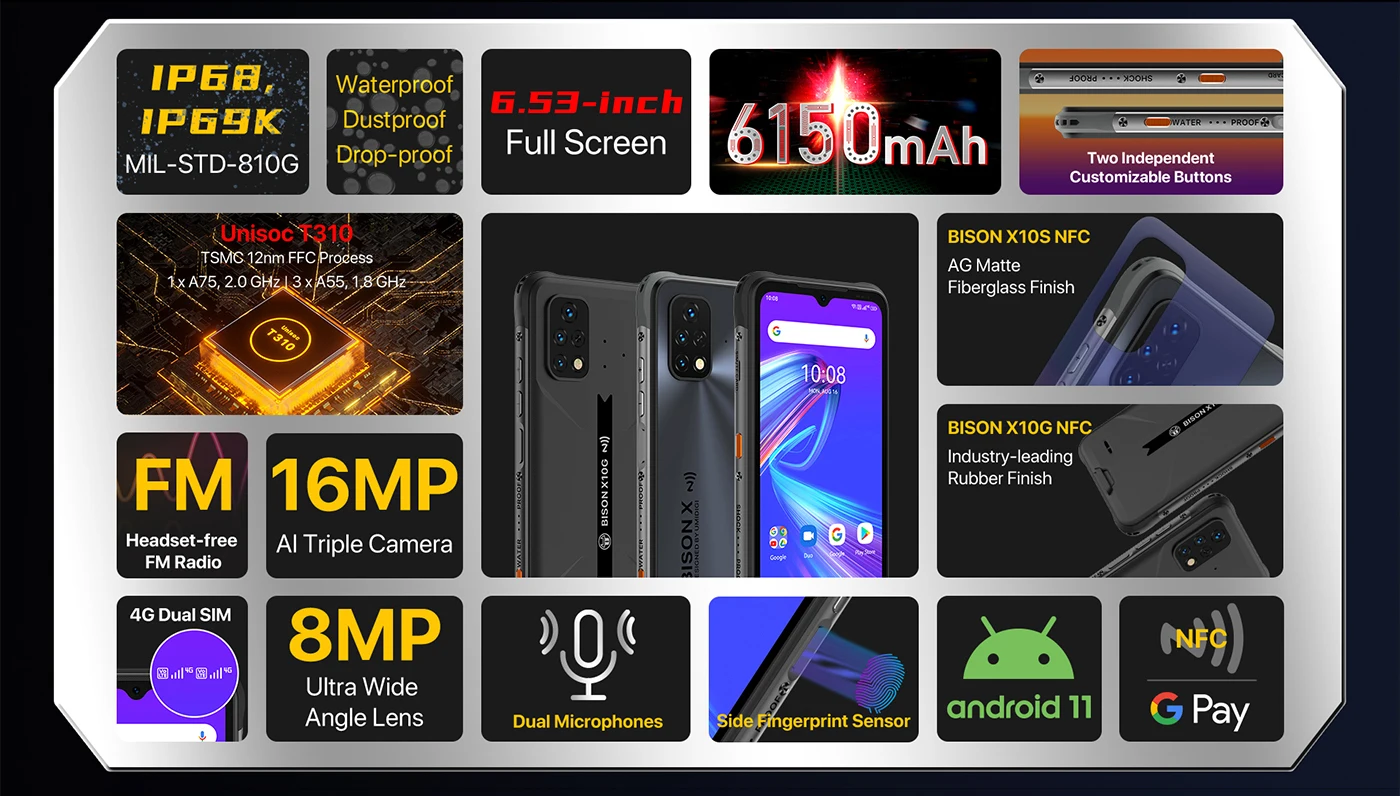 [World Premiere] UMIDIGI BISON X10S X10G NFC IP68/IP69K Waterproof Rugged Phone 6.53" HD+ 4GB+64GB 6150mAh Battery Smartphone best phone of poco