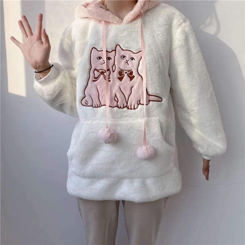 Корейский стиль Kawaii женские толстовки с рисунком кота бархатная хлопковая плюшевая Толстовка Harajuku мягкий Mori пуловер для девочек верхняя одежда рубашка