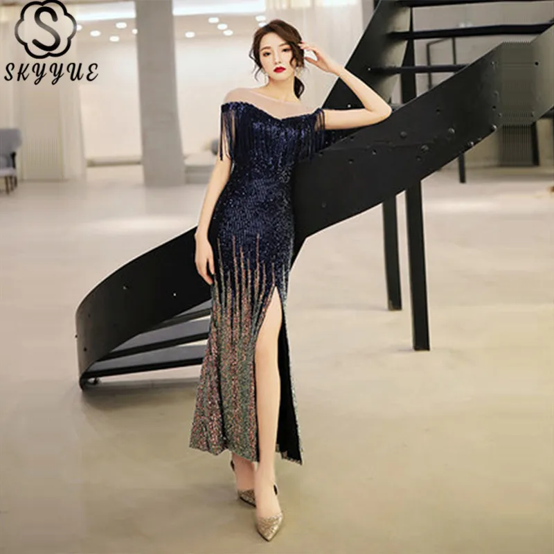

Skyyue Eveing Gown O-Neck Mermaid Short Sleeve Long Dresses Evening Sequined Tassel Formal Dress Elegant Robe De Soiree F060