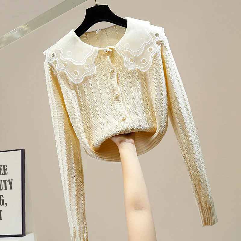 

Sweet Doll Collar Pearl Single-Breasted Knitted Cardigan Women's 2020 New Style Slim Cropped Sweater Students Jumper Pull
