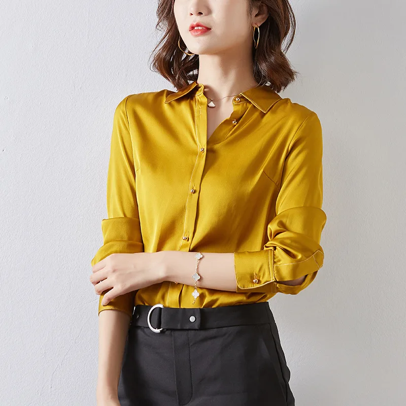 

Spring Summer Long Sleeved Real Silk Women Shirts High End Office Lady Turn Down Collar Elegant Yellow Blouses Tops