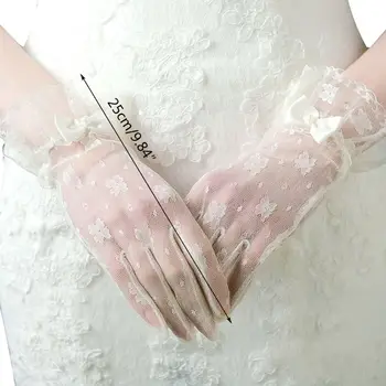 

Bridal Sheer Short Gloves Floral Lace Ruffles Faux Pearl Bowknot Mittens LX9E