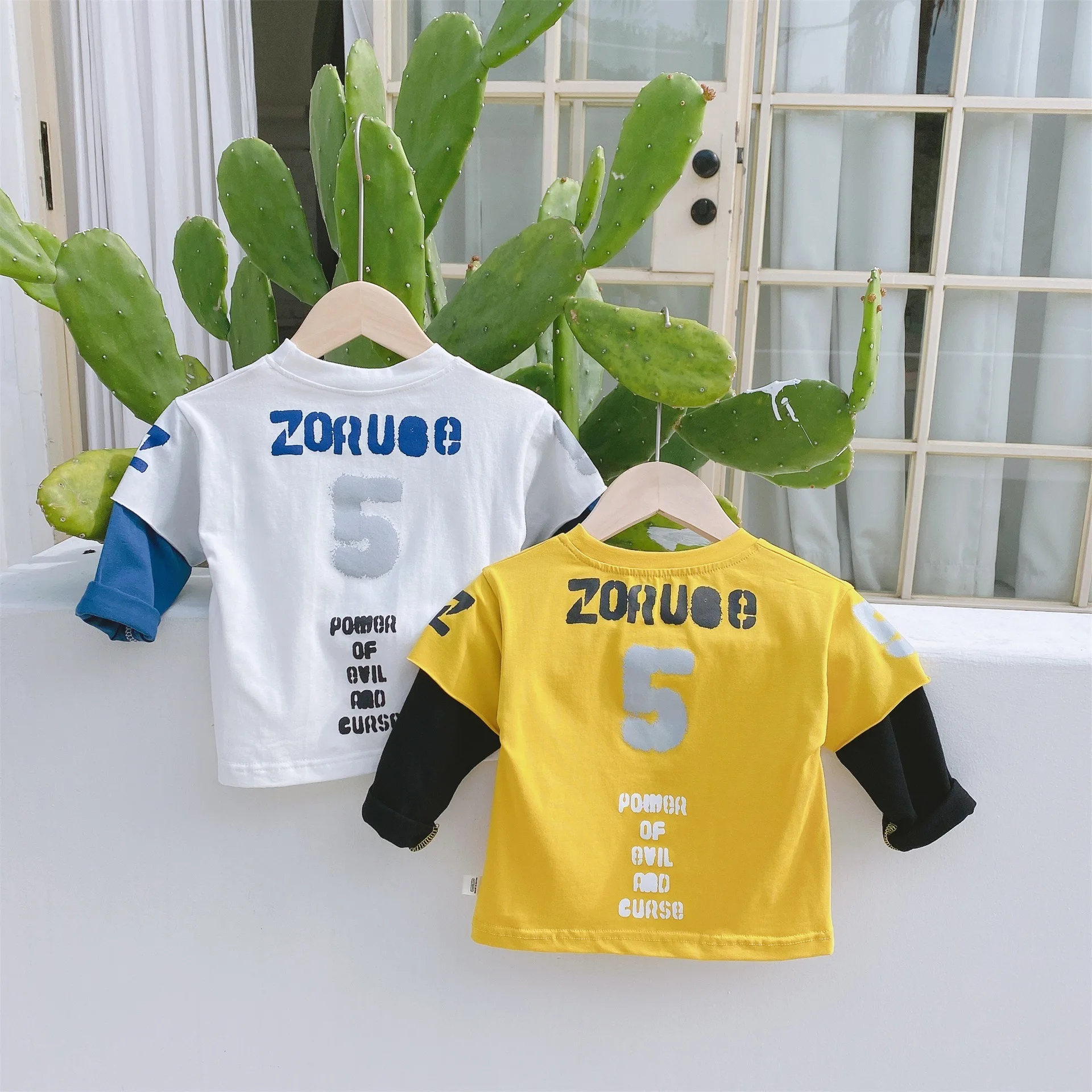 

Spring Summer boys fashion printed patchwork sleeve Tees kids cotton fake two pieces casual T shirts