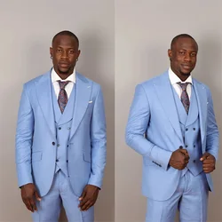 Costumes Hommes Three-Pieces Business Casual Men Suits Set Custom Made Light Blue Single Button Party Suit Wedding Tuexdos