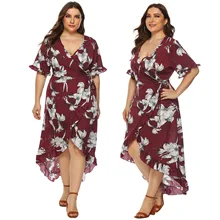 Платье большого размера, цветочный принт, кардиган, Бандажное, тканевое, с воланами, ассиметричное, глубокий v-образный вырез, сексуальное платье 190532