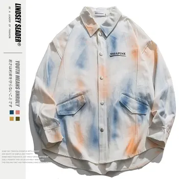 

Women Blouses Shirts Men Tie-Dye Printed Male Shirts Cotton Full Sleeve Extend Shirt Fashion Turn-down Collar Autumn Streetwear