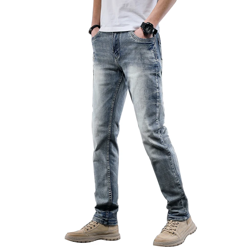 Summer Mens Light Blue Vintage Ripped Jeans Men Cotton Regular Straight Denim Pants Retro Distressed Jean Trousers