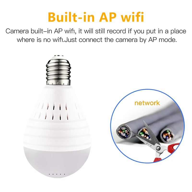 Wifi IP Mini Bulb Lamp Camera HD Home Security Wireless Cam Panoramic FishEye 360 Degree Night Vision Camcorder Support TF Card