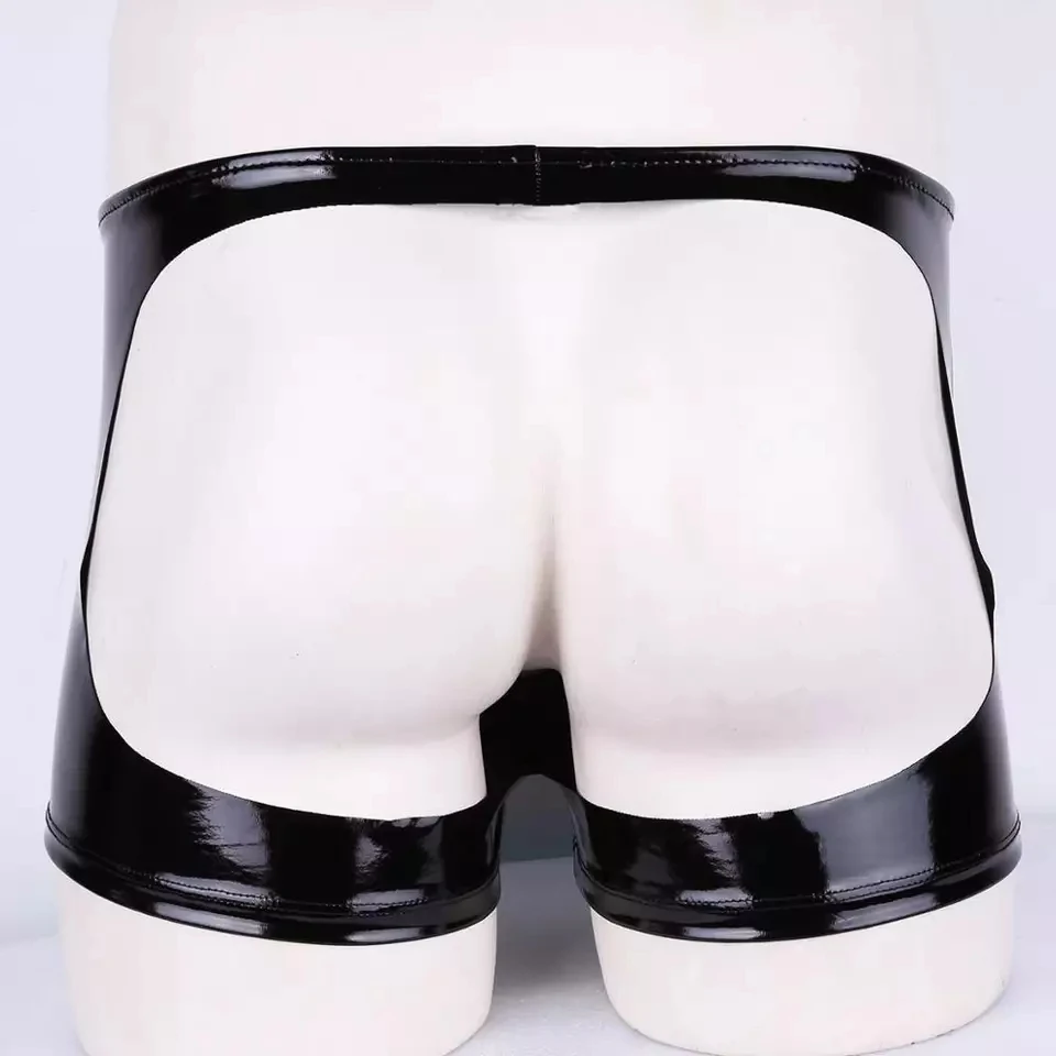 Mens Sexy Open Crotch Leather Short Pants For Sex Zipper Crotchless Shiny Patent Leather Fetish Boxer Erotic Pants men underwear