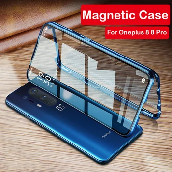 Перейти на Алиэкспресс и купить 360 Полный Магнитный чехол для Oneplus 8 8 Pro Coque 5G Алюминиевый металлический бампер двойной стеклянный чехол для Oneplus 7T 7 Pro 6 Чехол для телефона чех...