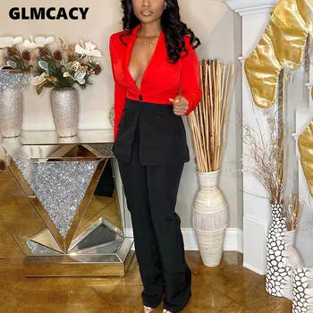 

Women Colorblock Blazer Suits Long Sleeve Double Breasted Blazer Pants Set Office Ladies Two-piece Workwear Blazer Sets