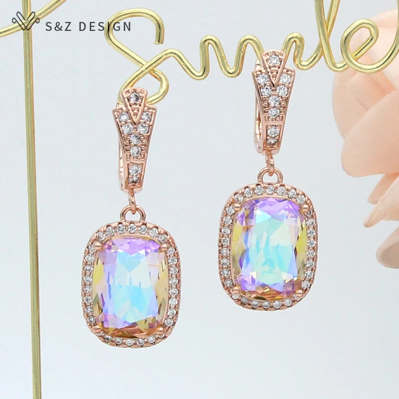 S&Z DESIGN New Square Crystal Dangle Earrings 585 Rose Gold Color For Women Wedding Jewelry Cubic Zirconia Eardrop