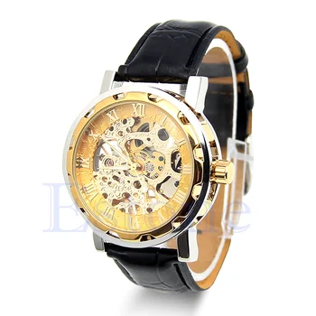 

Mens Classic Black Leather Gold Dial Skeleton Mechanical Army Sport Wrist Watch W2952001