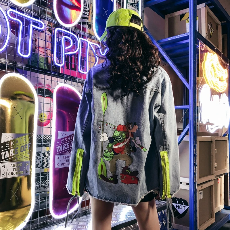 high quality fashion korea jacket denim coat women outwear long sleeve loose patchwork cartoon jeans cowboy coat in winter