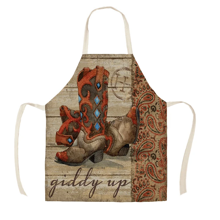 Linen Cowboy Shoes Hat Pattern Print Kitchen Aprons Unisex Dinner Party Cooking Bib Funny Pinafore Cleaning Apron WQC248
