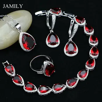

Fashion Silver 925 Jewelry Sets Natural Red CZ Beads Earrings Pendant Ring Necklace Bracelet Set Wedding Decoration For Women