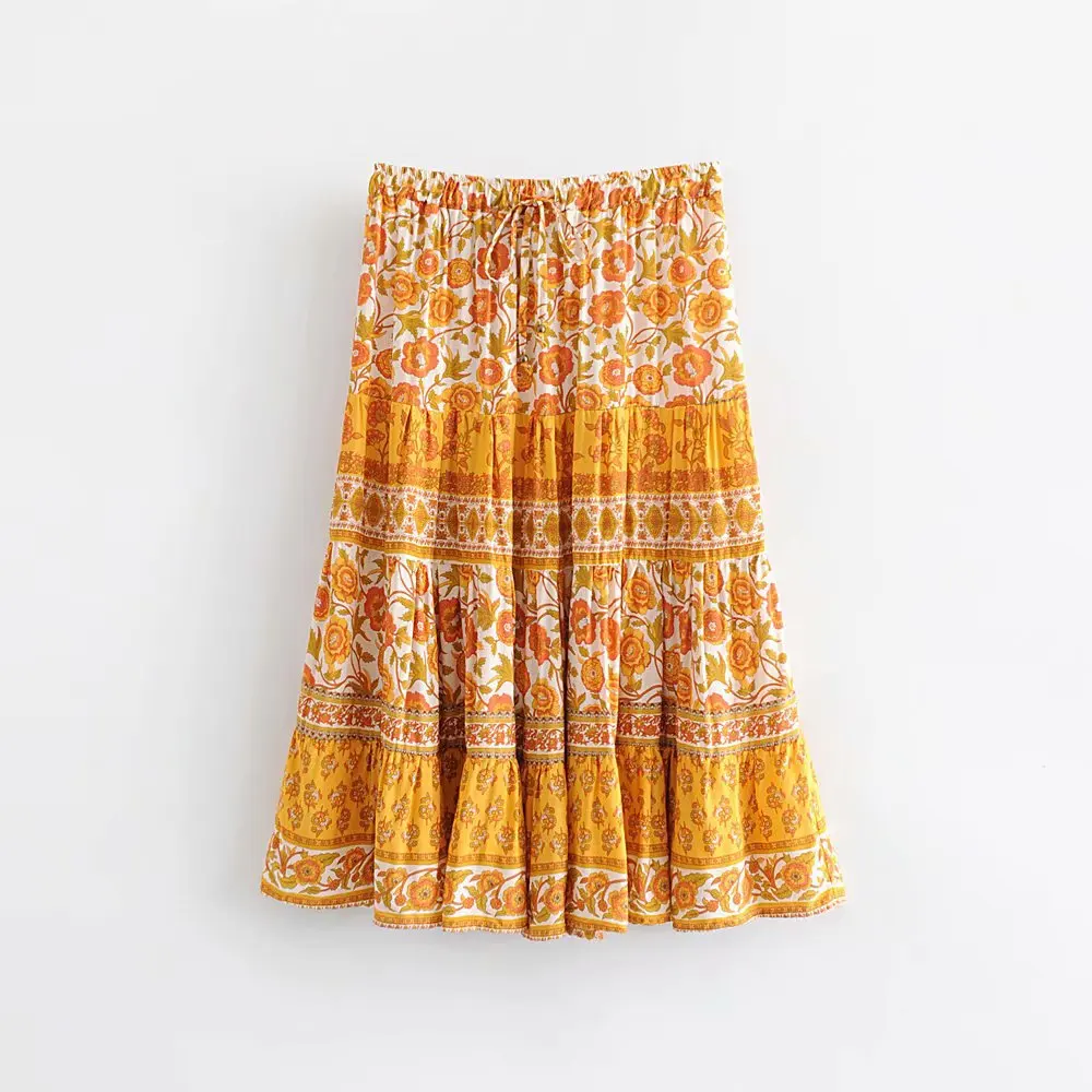 Европа и Америка Весна и лето стиль оранжевая юбка с принтом подсолнуха эластичная талия средней длины платье C6-0363