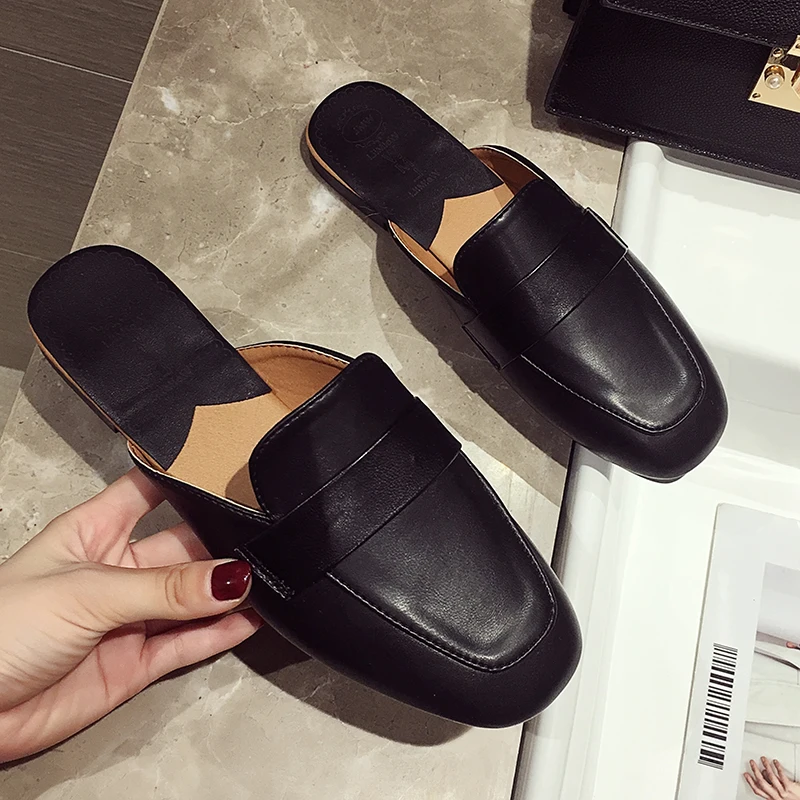 

Shoes Luxury Slides Cover Toe Mules Women Ladies' Slippers Low Designer Square 2019 Soft Rubber Rome Hoof Heels Casual PU