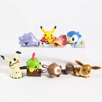 

Anime Monsters Mimikyu Ditto Eevee Slowbro Sentret Piplup Natu Mini PVC Figures Cord Keeper Toys 8pcs/set