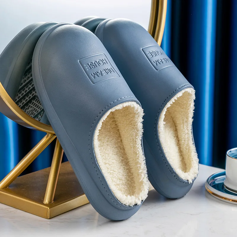 Winter Fashion Woman Slippers House Slippers PU Leather Warm Fur Slippers Waterproof Home Slipper Indoor Floor Shoes For Female