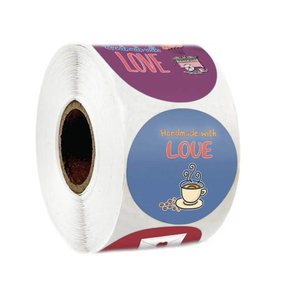 

4 Design Sticker Roll 500PCS Handmade With Love Seal Labels Colorful Stickers Round 1 inch Hand Made Party Festival Decor Label
