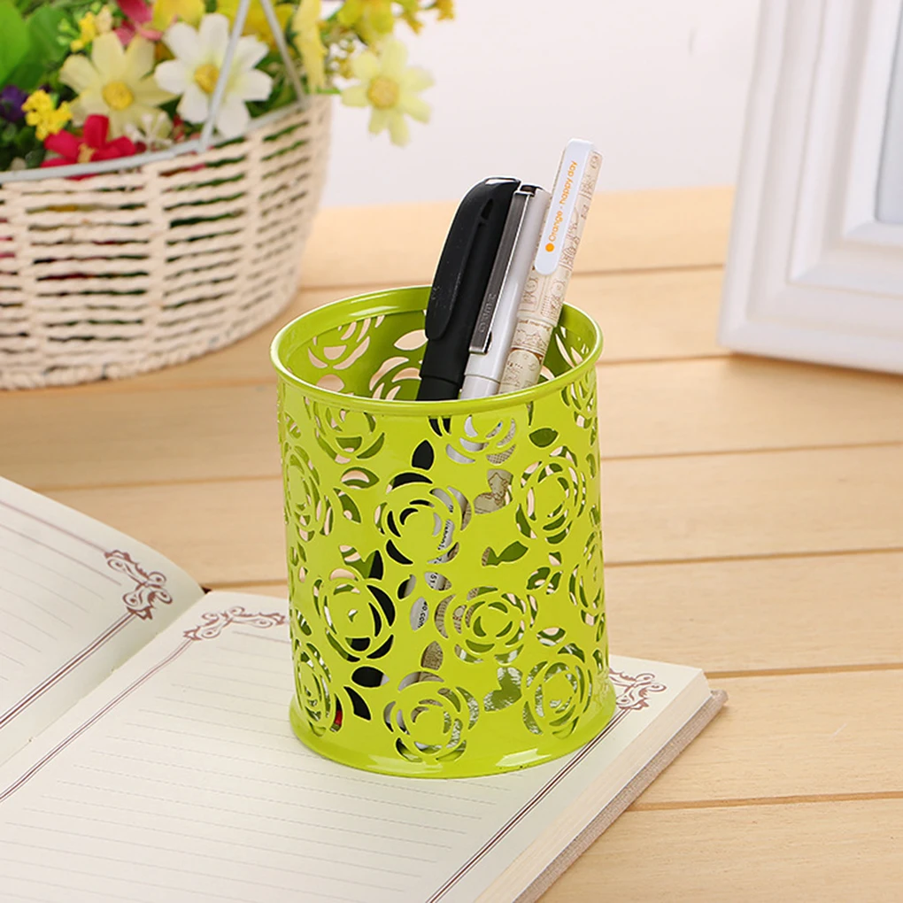 

ZHUTING Hollow Rose Flower Pattern Brush Pot Holder Organizer Iron Round Practical Pen Pencil Cup Stationery Container Storage