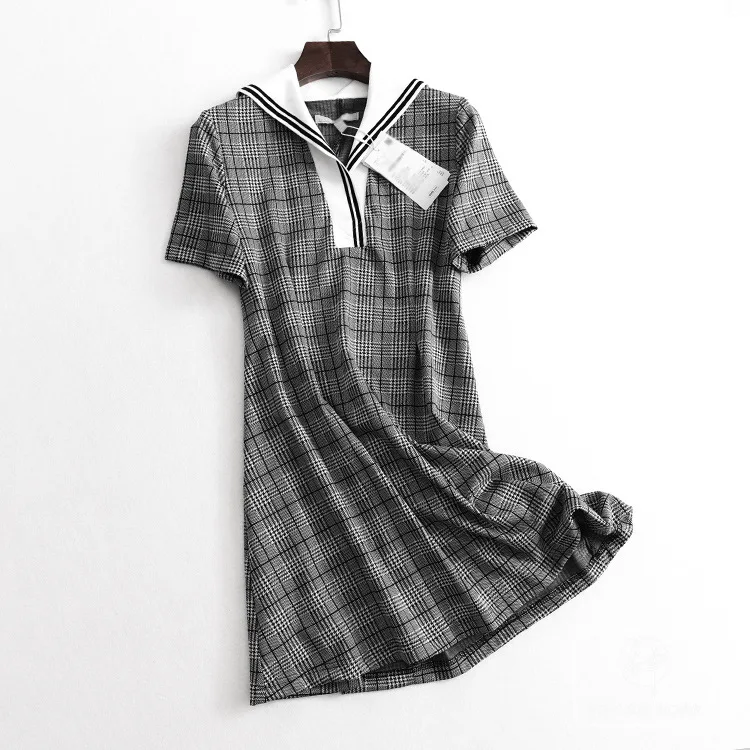 

One's Retro Houndstooth Fold-down Collar Lattice Waist Hugging Slimming Short-sleeve Dress Women's Entity