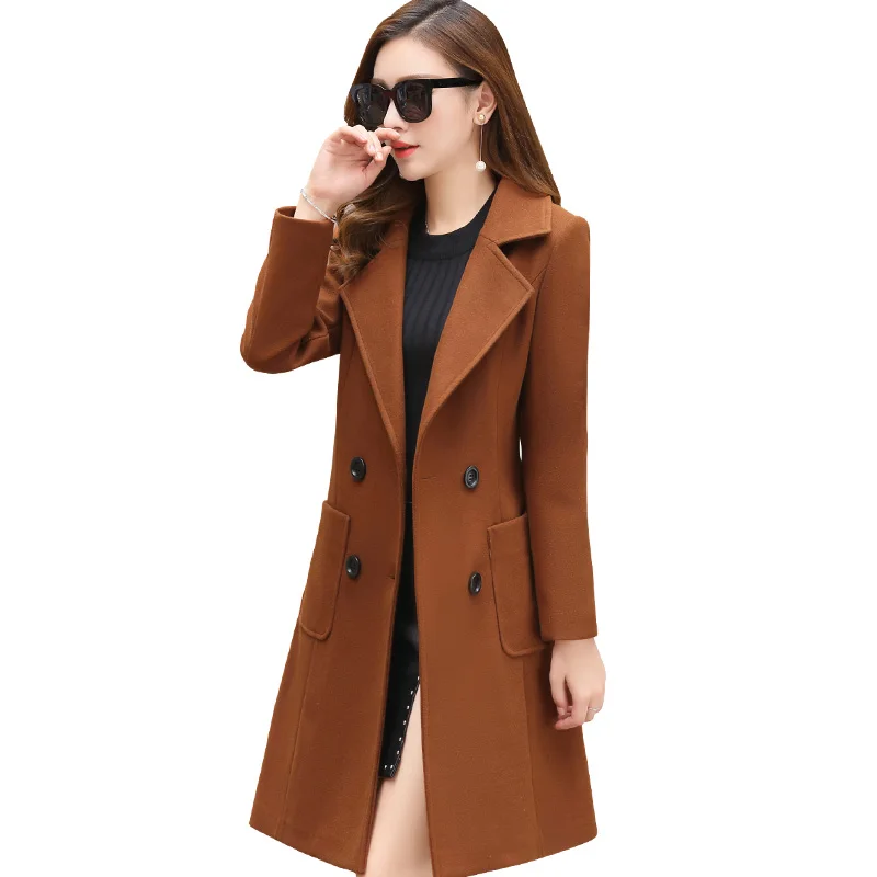 

2023 New Spring Autumn Wool Jacket Female Slim Mid-Length Waist Woolan Coat Outerwear Women's Fashion Woolen Overcoat