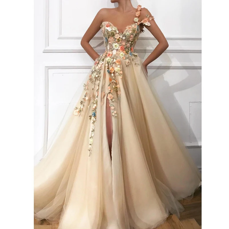 Вечерние платья 2020 с V-образным вырезом аппликацией и высоким разрезом тюлевые