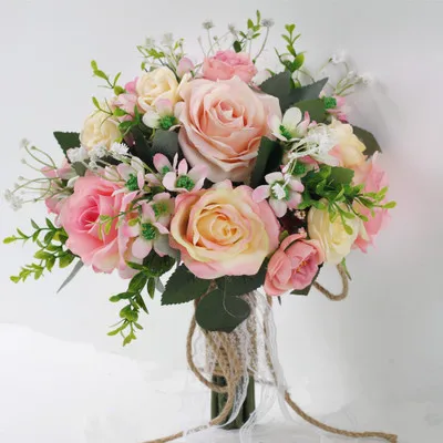 1PC Silk Rose Bouquet Bride Artificial Holding Flower Wedding Decorative Simulation Flowers - Цвет: pink