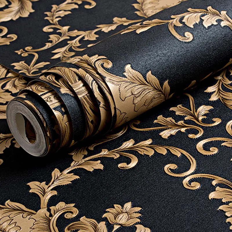 

Black Gold Luxury Embossed Texture Metallic 3D Damask For Wall Roll Washable Vinyl PVC Walls Paper Wall Stickers