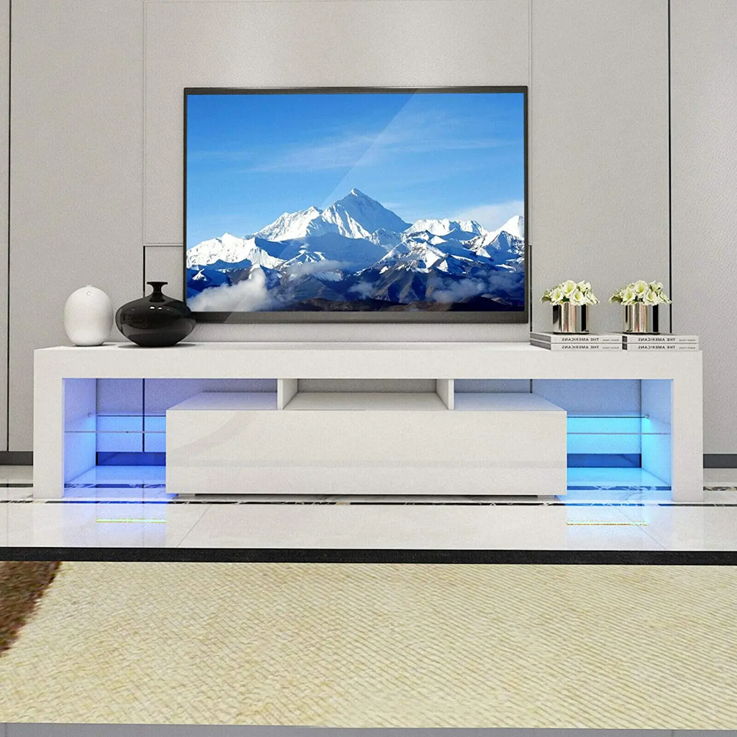 Meuble TV mural blanc et bois avec éclairage led blanc de salon moderne