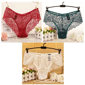 

2020 New Sexy Panties 3 Pieces Khaki + black + Red Plus Size Lace Underwear Transparent Low Rise Hollow Out Panties Women