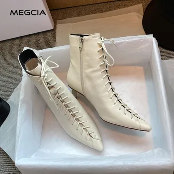 

MEGCIA Designer Genuine Leather Boots Women's Ankle Boots Pointed Toe Lace-Up Stiletto Heel Autumn Boots Winter Beige Shoes A36