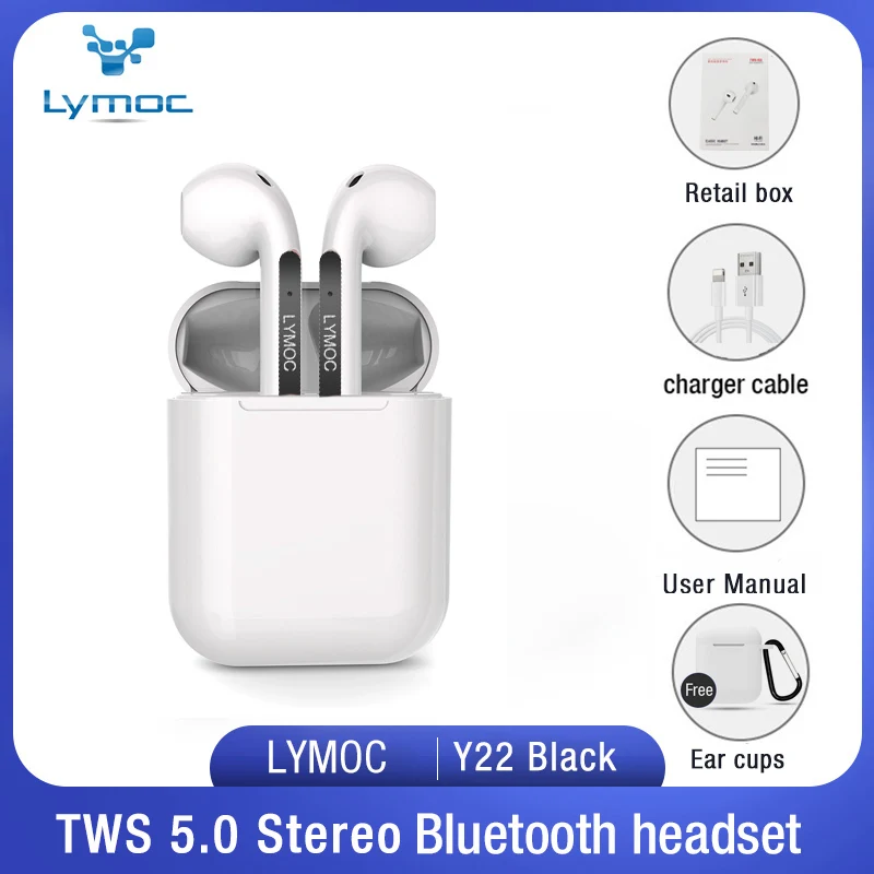 LYMOC Y22 Bluetooth наушники 5,0 TWS беспроводные наушники Авто парные стерео спортивные наушники с HD микрофоном умный голос для iPhone Xiaomi - Цвет: Black retail box